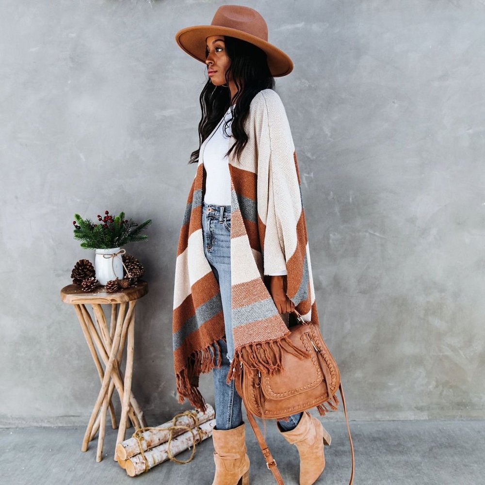 New Western Stripe Fringe Poncho Blanket Cardigan Sweater - Picture 7 of 7